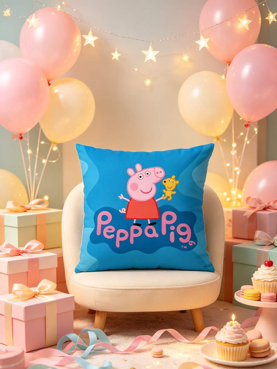 Peppa Pig بطانية وسادة رمي بتصميم شخصية مربعة عصرية، خلفية زرقاء ساطعة بنمط موجي مع زخرفة دب تيدي، غلاف وسادة من البوليستر المتين والخفيف الوزن، بطانية وسادة ديكوري للأريكة، هدية مثالية - متعدد الألوان - مشاهدة 1