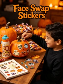 Halloween Kids Face-Swap Interactive Puzzle 6-Piece Set, Cartoon Werewolf Ghost Vampire Pumpkin Grim Reaper 6 Styles, Children's Free Combination Eyes Mouth Nose Face-Changing Interactive Toy, Can Be Stuck On Notebooks Water Cups Pumpkins Windows Walls Gift Boxes - Multicolor - View 3