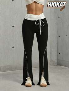 Hidkat Women's Solid Color High Waist Drawstring Tie Yoga Casual Slim Fit Sports Knit Flare Pants - Black and White - View 1