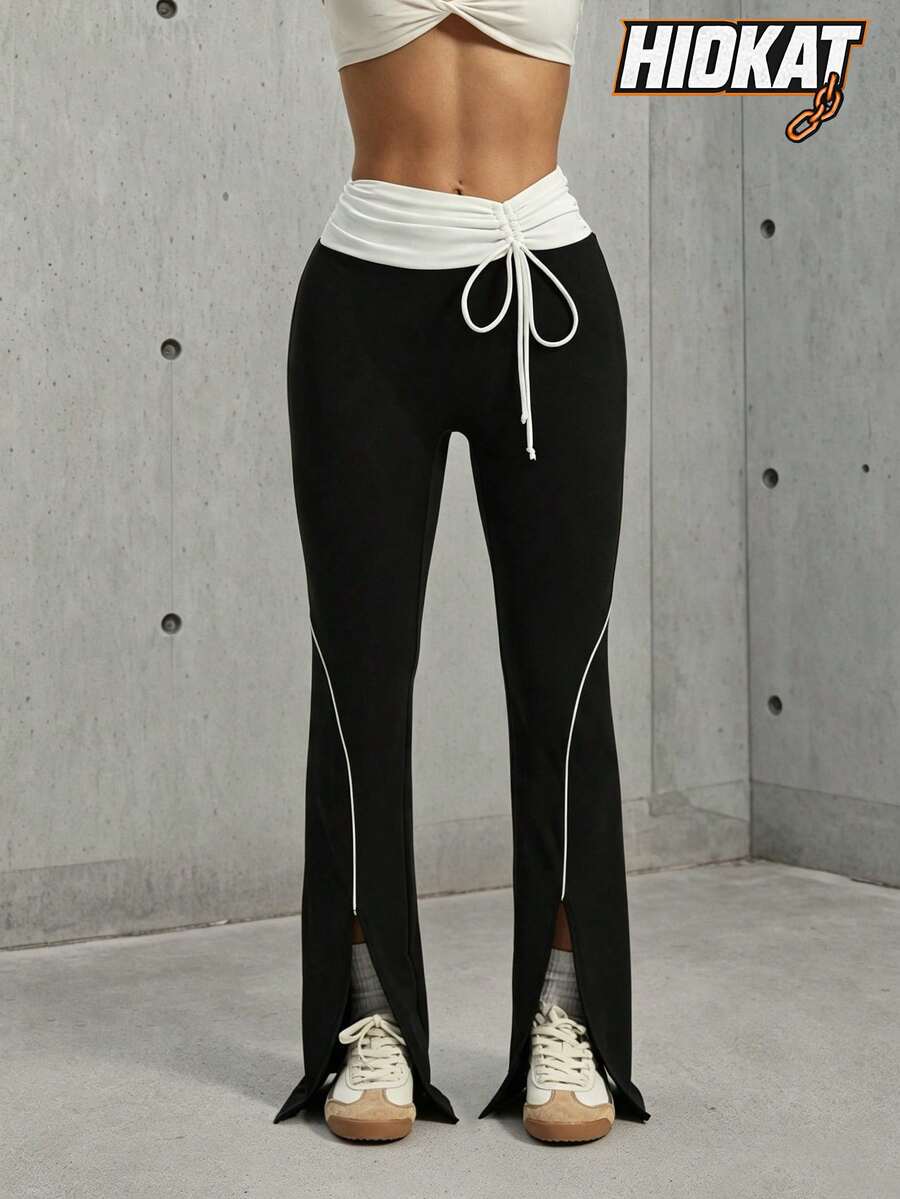 Hidkat Women's Solid Color High Waist Drawstring Tie Yoga Casual Slim Fit Sports Knit Flare Pants - Black and White - View 1