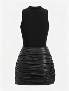 Women's Solid Color Sleeveless Mini Dress + PU Tie Front Decoration Two Pieces Set, Elegant Solid Color Bow Ruffle Black Summer - Black - View 2