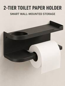 1pc Toilet Paper Holder With Shelf, Wall-Mounted No-Drill Installation (Free Adhesive Strips), Multi-Functional Bathroom Paper Towel Rack, Space-Saving Design, Suitable For Bathroom, Kitchen And Bedroom, Bathroom Decor Accessory - Multicolor - View 5