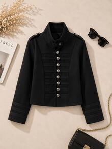 Women's Metal Buckle Slim Fit High Neck Wool Short Jacket - Black - View 11