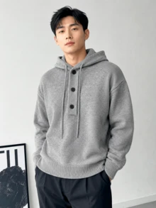 1pc Men's Light Gray Hooded Knit Sweatshirt, Soft Skin-Friendly Knit Fabric, Loose Drop Shoulder Fit, Flattering Slimming, Machine Washable, Suitable For Daily Wear, Campus, Commuting, Casual Outings - Light Grey - View 5