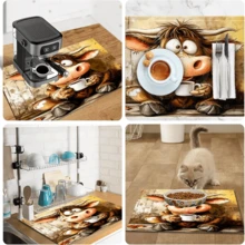 1pc Dish Drying Mat, Coffee Machine Mat, Cute Cartoon Cow Drinking Coffee Pattern Dish Drying Mat, Suitable For Bar, Dining Table, Kitchen Countertop, Autumn Daily Use, Thanksgiving Warm Decor, Multi-Purpose Drying Mat, Home Gift, Desktop Decoration - XYLSD-1041 - View 10