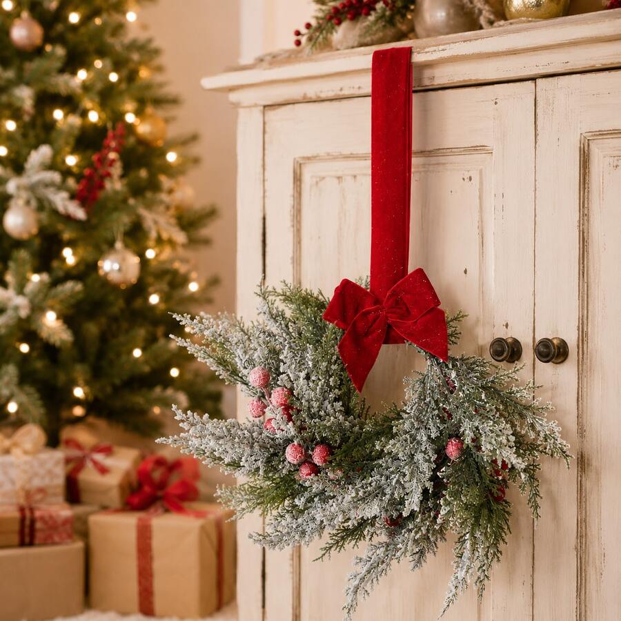1pc Snowy Christmas Wreath With Bow And Long Hanging Strap, Green Foliage And Red Berries Holiday Wreath, Suitable For Door, Wall, Window, Cabinet, Entryway, Farmhouse Style Home And Winter Christmas Decor - Multicolor - View 1