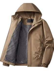 Men's Solid Color Casual Versatile Long Sleeve Jacket, Suitable For Daily Commute, Travel - Khaki - View 2
