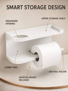 1pc Toilet Paper Holder With Shelf, Wall-Mounted No-Drill Installation (Free Adhesive Strips), Multi-Functional Bathroom Paper Towel Rack, Space-Saving Design, Suitable For Bathroom, Kitchen And Bedroom, Bathroom Decor Accessory - Multicolor - View 3