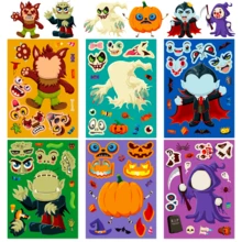 Halloween Kids Face-Swap Interactive Puzzle 6-Piece Set, Cartoon Werewolf Ghost Vampire Pumpkin Grim Reaper 6 Styles, Children's Free Combination Eyes Mouth Nose Face-Changing Interactive Toy, Can Be Stuck On Notebooks Water Cups Pumpkins Windows Walls Gift Boxes - Multicolor - View 6