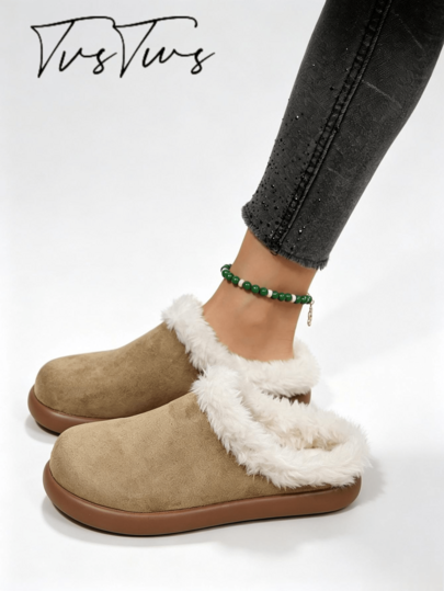 Women's New Boken Flat Closed-Toe Fleece-Lined Half-Slip Thick-Sole Mule Shoes, Casual Fashion Vacation Style Flat Fisherman Shoes