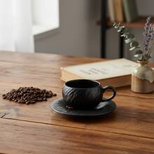 1pc Nordic Style Textured Ceramic Cup & Saucer Set, Black & White Matte Stone Pattern Latte Tea Cup, Suitable For Home, Office, Afternoon Tea, Great Gift - Multicolor - View 4