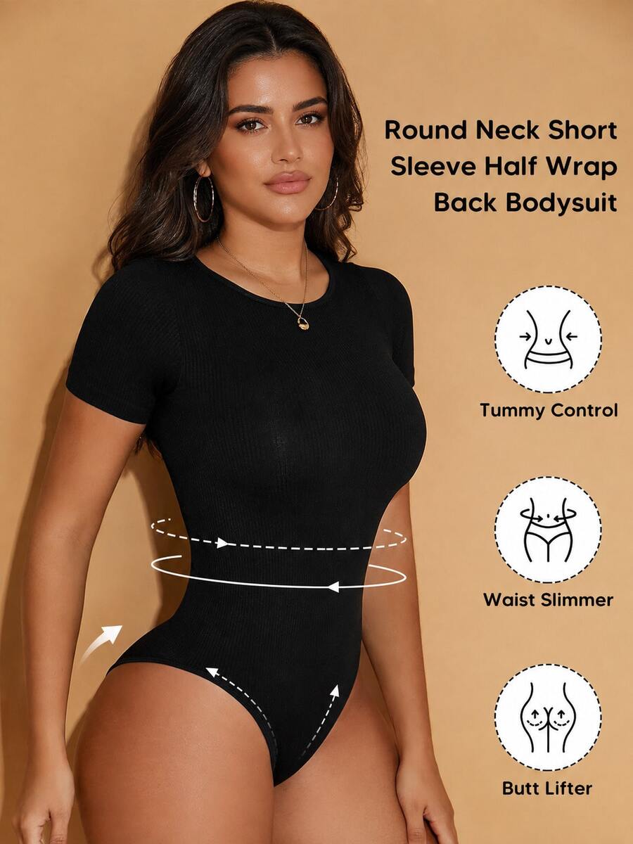 Women's Solid Color Short Sleeve Fitted Bodysuit Black Summer Elegant - Black - View 1