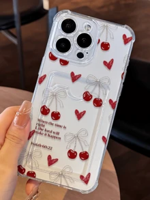 1件裝 透明櫻桃愛心標語簡約個性化 TPU 防震全包覆手機殼，附卡夾，適用於 Apple 18 17 16 15 14 13 12 11 Pro Max Air 及系列 - 彩色 - 查看 3
