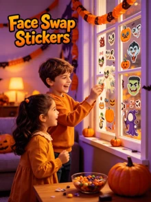 Halloween Kids Face-Swap Interactive Puzzle 6-Piece Set, Cartoon Werewolf Ghost Vampire Pumpkin Grim Reaper 6 Styles, Children's Free Combination Eyes Mouth Nose Face-Changing Interactive Toy, Can Be Stuck On Notebooks Water Cups Pumpkins Windows Walls Gift Boxes - Multicolor - View 4