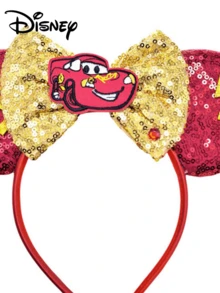 Disney 1pc Cars Character Ear Headband, Red Sequin Gold Sparkle Bow Lightning McQueen 95 Number Festival Cosplay Party Hair Hoop - Multicolor - View 5