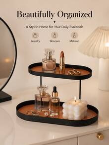 [1pc Iron Art Storage Rack] 1pc Minimalist Style Iron Art Storage Rack With Faux Leather Lining. Double-Layer Oval Storage Box, Suitable For Storing Cosmetics, Jewelry And Keys. Suitable For Living Room Desktop Storage, Bedroom, Bathroom Entrance And Other Scenes, Can Be Used As Desktop Perfume And Lipstick Holder. - Multicolor - View 8