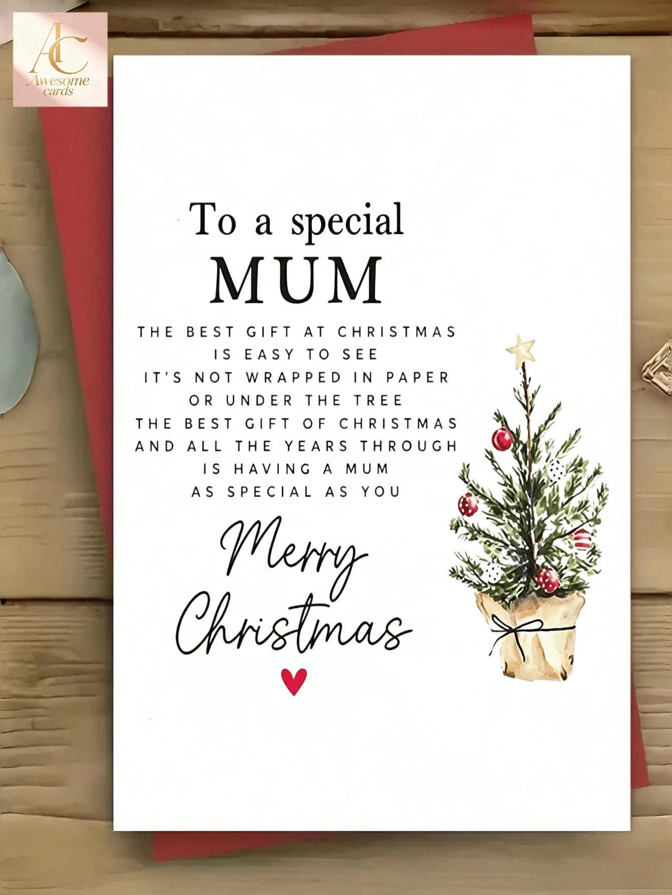 1pc Heartfelt Christmas Greeting Card For Special Mum Dad, Delicate Watercolor Mini Christmas Tree & Red Heart Pattern, Sweet Poem Wording, Warm Sincere Holiday Blessing, Lovely Sentimental Gift For Mom, Beautiful Keepsake Card To Mother Mum Father - One Size Fits All - View 1
