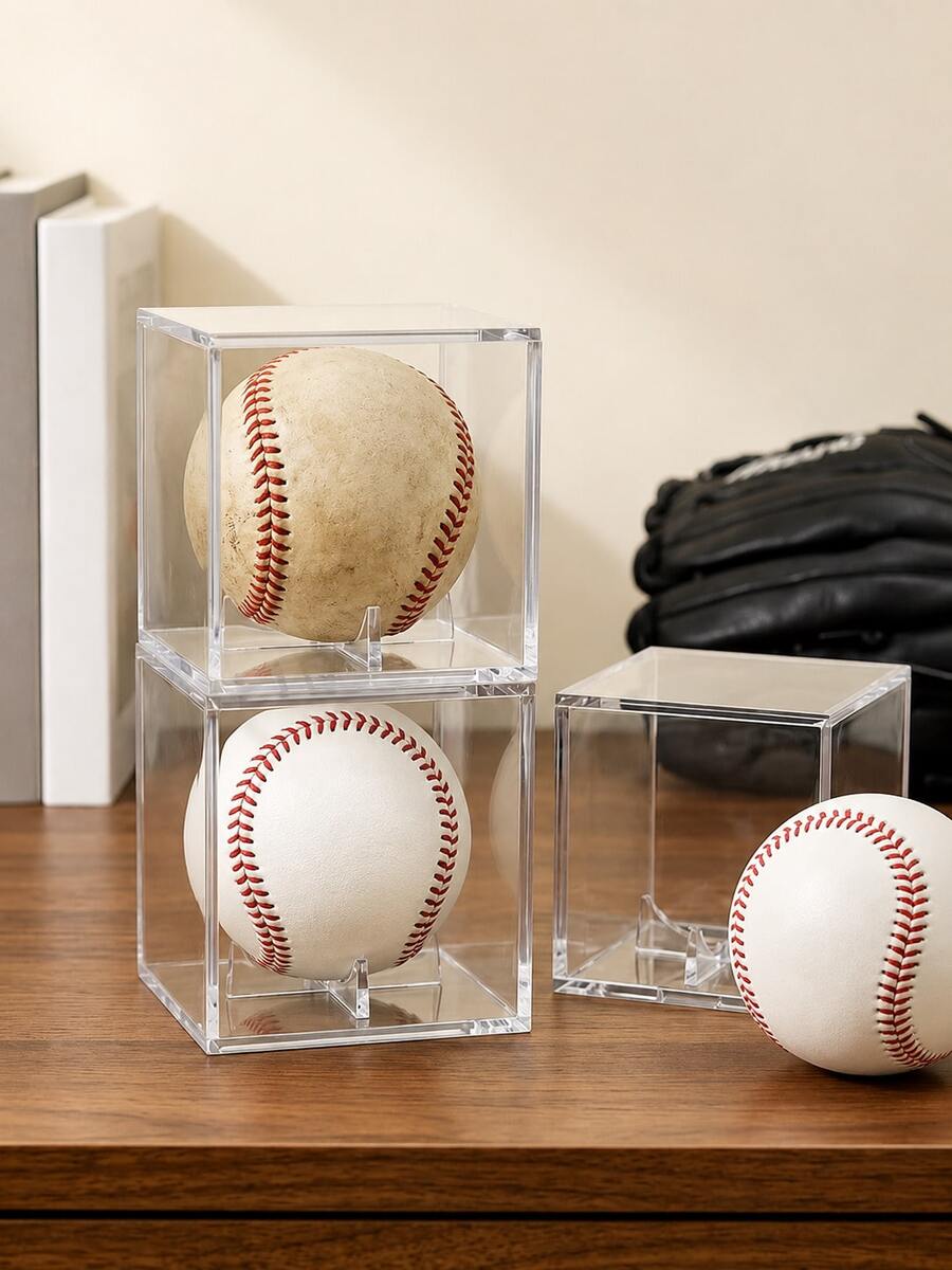 Acrylic Transparent Baseball Display Case With Stand, UV-Resistant Dust-Proof Memorial Display Box For Standard Size Baseball, Stackable Desktop Storage, Home Office Bookshelf Decor, Keepsake Display Gift For Baseball Fan Father And Son - Clear - View 1