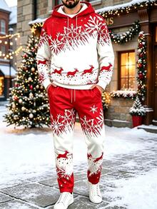 Men's Christmas Snowflake Print Comfortable Hoodie And Pants Set - متعدد الألوان - مشاهدة 2