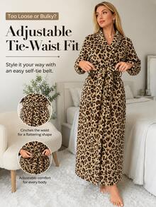 Women's Casual Leopard Print Coral Fleece Bathrobe, Thick Soft Leopard Pattern, Comfortable Winter Style, Fluffy Texture, Suitable For Warm Winter Wear - Multicolor - View 2