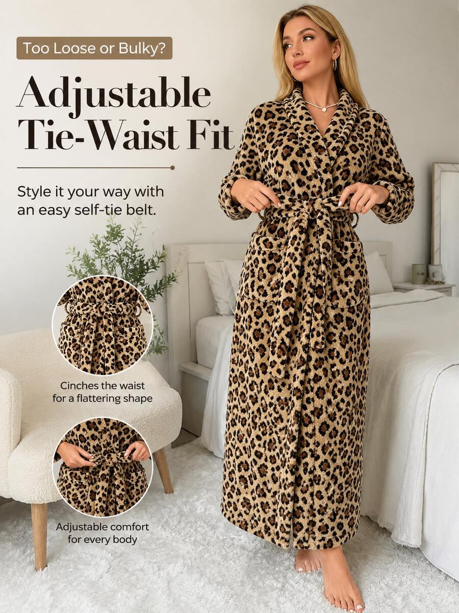 Women's Casual Leopard Print Coral Fleece Bathrobe, Thick Soft Leopard Pattern, Comfortable Winter Style, Fluffy Texture, Suitable For Warm Winter Wear