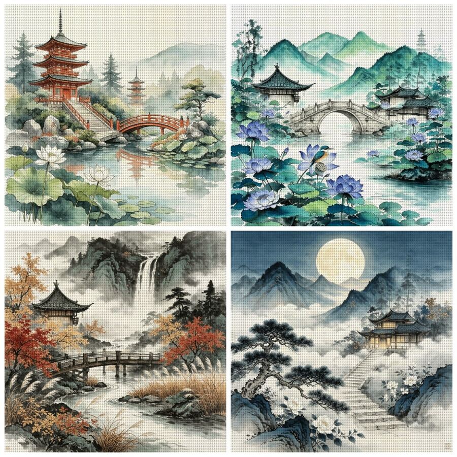 14CT Printed Cross Stitch Kit. Chinese-Style Landscapes. Relaxing DIY For Adult Beginners. Includes Cloth, Needles, Threads & Chart. Handmade Wall Art Decor Gift. 40x40cm/15.7x15.7in.