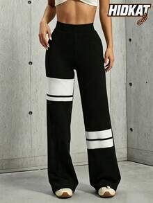 Hidkat Women's Solid Color Patchwork High Waist Elastic Fitted Yoga Casual Sports Knit Flare Pants - Black and White - View 1