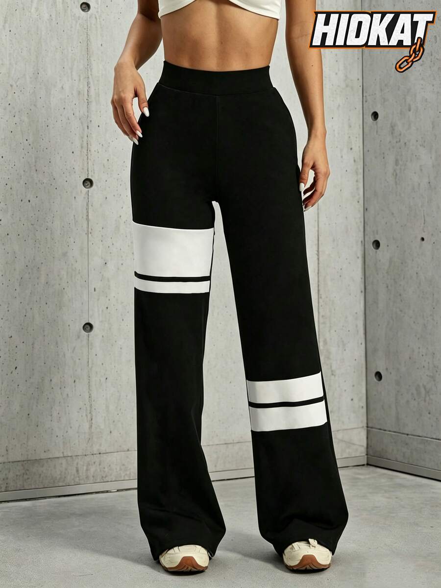 Hidkat Women's Solid Color Patchwork High Waist Elastic Fitted Yoga Casual Sports Knit Flare Pants - Black and White - View 1