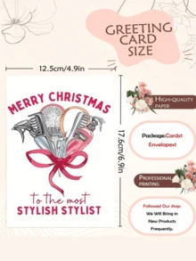 1pc Funny Hair Stylist Christmas Greeting Card, Cute Hairdressing Tools Pattern Holiday Wish Card, Warm Xmas Gift For Hairdresser Salon Worker, Large Thick Envelopes & Cards - Multicolor - View 2