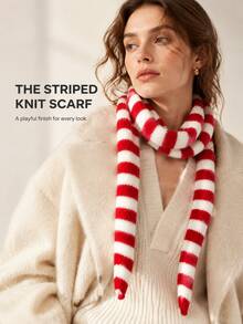 1pc Striped Thin Knit Scarf, Unique Sausage Shape, Atmospheric Decorative Narrow Scarf For Women, Fashion Item - Multicolor - View 2