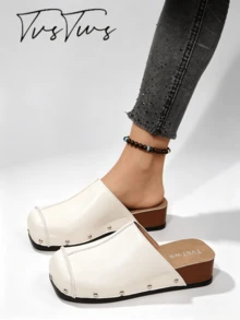 Women's Closed-Toe Rivet Half-Sling Wedge Slides, Retro Contrast Stitch Slip-On Sandals, Casual Outdoor Slippers For Daily Wear, Campus, Shopping, Versatile For Pants - Off White - View 1