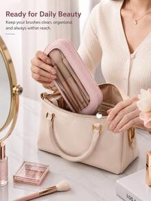 Multi-Color Transparent Window Makeup Brush Bag, PU Leather PVC Transparent Window Design, Metal Zipper Head Decoration, Slim Portable Size, Dust-Proof, Suitable For Home Vanity And Travel, Can Store Makeup Brushes And Eyebrow Beauty Tools - Multicolor - View 3