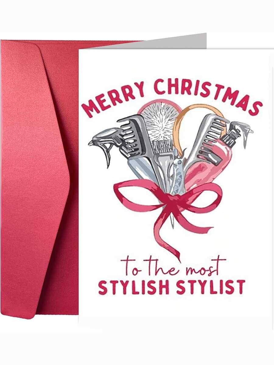 1pc Funny Hair Stylist Christmas Greeting Card, Cute Hairdressing Tools Pattern Holiday Wish Card, Warm Xmas Gift For Hairdresser Salon Worker, Large Thick Envelopes & Cards - Multicolor - View 1