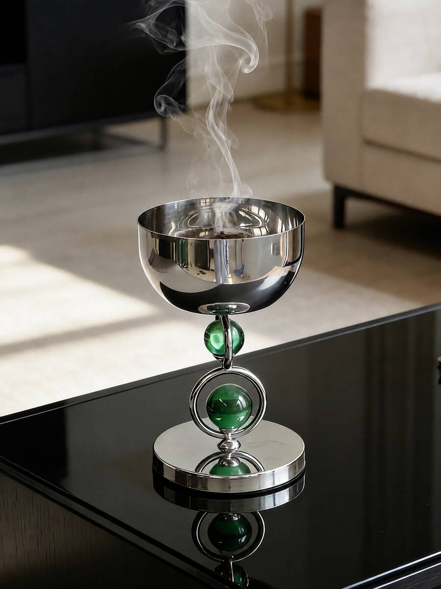 1pc Silver Color Stainless Steel Incense Burner, Stainless Steel Incense Burner Holder, With Green Beads Design,Modern Light Luxury Style,Cylindrical Aroma Diffuser,Suitable For Home Decoration,Ramadan And Eid Al-Fitr Are A Perfect Match - Green Bead Incense Burner - View 1