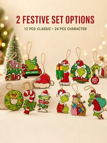The Grinch 24pcs Christmas Tree Ornament Set, Holiday Character Design Hanging Decorations, Cute Wooden Christmas Tree Pendants, Suitable For Christmas Tree, Home Party Decor And Seasonal Display, Holiday Gift For Fans, Friends, Family And Adults - Multi-color - View 9