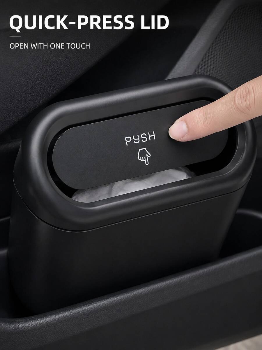 1set Black Push Lid Hanging Car Trash Can, Compact Mini Car Door-Mounted Garbage Bin, Portable Vehicle Waste Basket & Multifunctional Storage Organizer, Easy-Clean Auto Interior Accessory For Front & Rear Door, SUV, Sedan & Truck - Multicolor - View 1