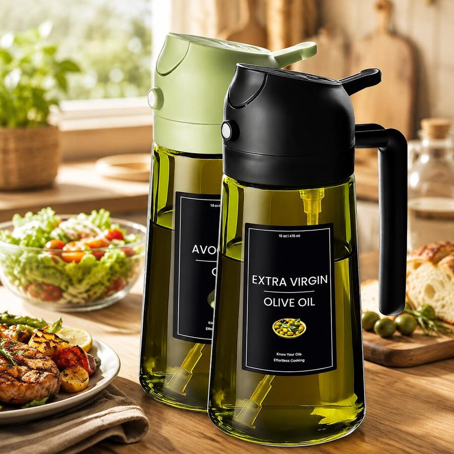 1/2 Set 16oz/470ml Kitchen Olive Oil Dispenser Bottle With Stickers - 2-In-1 Olive Oil Sprayer, Suitable For Cooking, Air Fryer And Salad, Black & Green (Light-Proof Kitchen Gadget)