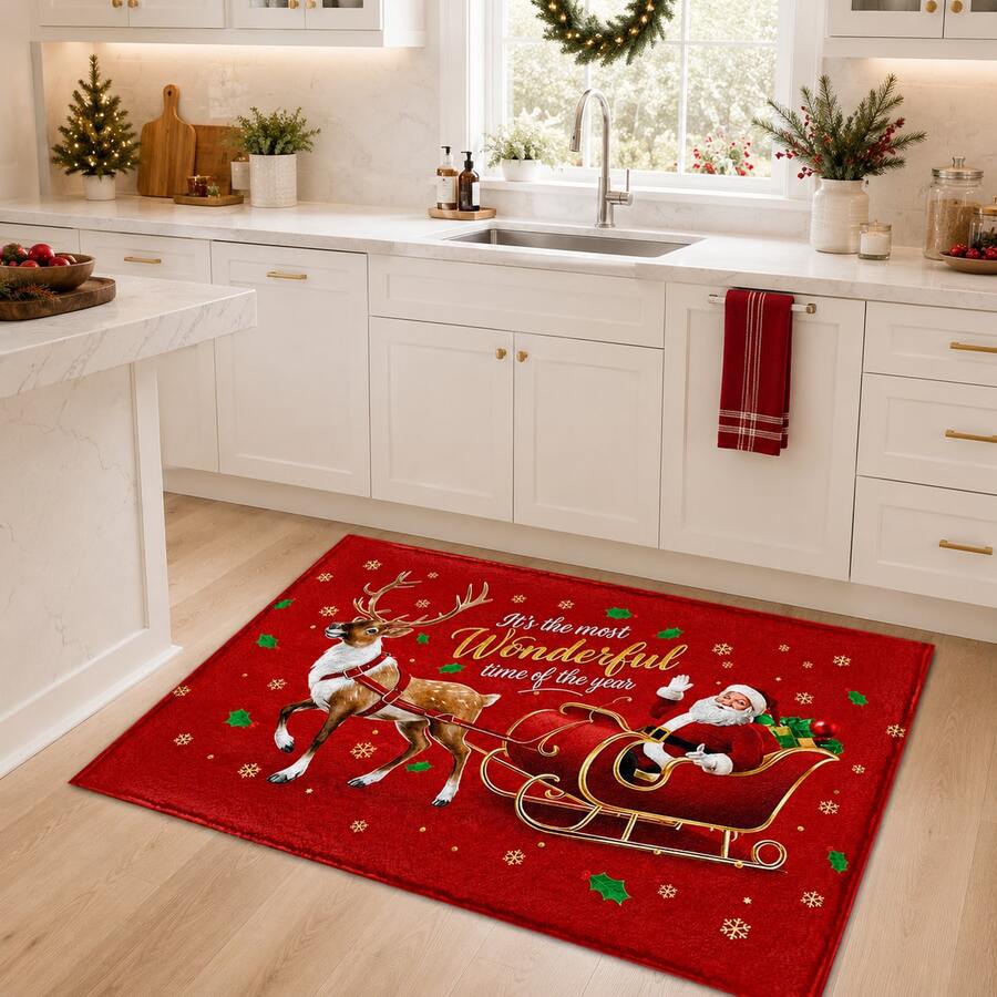 قطعة واحدة من سجادة أرضية من الصوف الصناعي بطبعة سانتا كلوز والرنة والزلاجة، سجادة مستطيلة ناعمة بموضوع عيد الميلاد باللون الأحمر مع نص إنجليزي "وقت رائع من السنة"، نمط الثلج الشتوي، للمطبخ والمدخل وغرفة المعيشة وغرفة النوم والباب، ديكور أجواء العطلات المنزلية - متعدد الألوان - مشاهدة 1