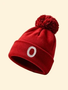 1pc Women's Red Folded Ribbed Knit Pom Pom Beanie, Pearl Rhinestone A-Z Letter Decor, Elastic Comfortable Warm, Autumn/Winter Campus Party Headwear - Red - View 14