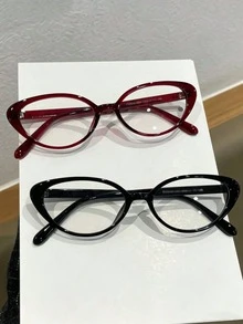 1 Pasang/ 2 Pasang Kacamata Wanita Motif Leopard Cat Eye Bingkai PC Warna Solid Bingkai Penuh Rivet Kustomisasi Fashion Flat Glasses - Clear - View 2