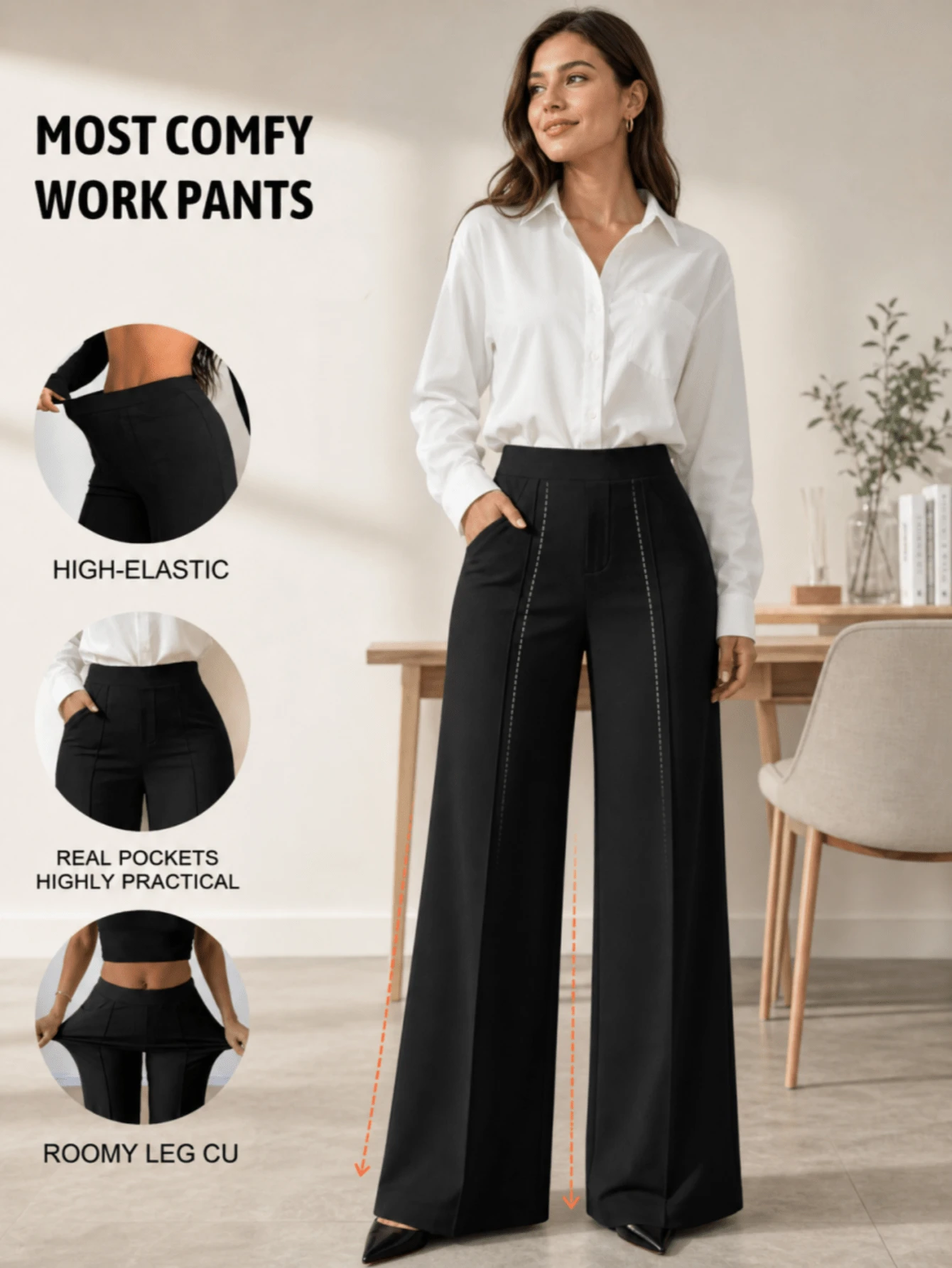 Plus Size Black Daily Multi-Purpose Commute Minimalist Solid Color Wide Leg Pants, Everyday Wear - Black - View 1