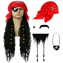 Halloween Men's Pirate Captain Cosplay Wig Set, Wig Turban, Eye Mask, Beard Set, Synthetic Wig Material, Suitable For Halloween Carnival Party, Pirate Cosplay, Stage Performance - Black - View 2
