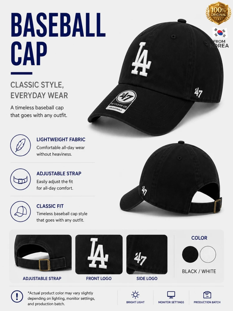 47 brand MLB Baseball LA Dodgers (Black and White) 刺繍チームロゴ入り アジャスタブル ユニセックス スポーツキャップ カジュアル ストリートスタイル デイリーコーデ アウトドア 野球シーズン 旅行コーデ対応 キャップ - ブラック&ホワイト - チェックする 1