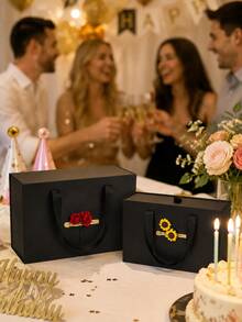 Black Gift Box With Ribbon Handle, Elegant Reusable Gift Packaging Box With Decorative Flowers, Suitable For Women And Men Gift Storage Box, Birthday Wedding Anniversary Christmas Valentine's Day - Black - View 5