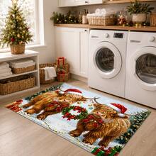 1pc Christmas Highland Cow Print Faux Wool Rug, Christmas Hat Long Fur Cow Wreath Gift Snow Scene Pattern Rectangular Soft Carpet, Holiday Theme Doormat, Kitchen Entryway Bedroom Living Room Doorway Home Decor Mat, Winter Christmas Atmosphere Decoration Rug - Multicolor - View 4