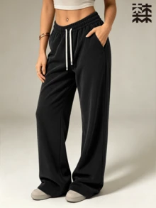 mulinsen Women's Sports Sweatpants, Vertical Textured Drawstring Loose Fit, Fitness Running Casual Everyday - Black - View 6