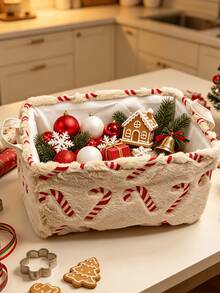 1pc Large Capacity Christmas Candy Cane Embroidered Flannel Storage Basket, Dual Handle Design, Foldable, Perfect For Christmas Holiday Supplies, Gifts, Decor Storage, Holiday Atmosphere Home Decor, Holiday Gift - Multicolor - View 3