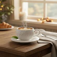 1pc Nordic Style Textured Ceramic Cup & Saucer Set, Black & White Matte Stone Pattern Latte Tea Cup, Suitable For Home, Office, Afternoon Tea, Great Gift - Multicolor - View 3