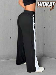 Hidkat Women's Solid Color High Waist Elastic Band Yoga Casual Sports Knit Flare Pants - Black and White - View 2