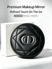Dior Round Portable Makeup Mirror, Premium Black Faux Leather With Quilted Stitching, 3D Metal CD Logo, Flip Cover Double-Sided Mirror Design, Convenient For Touch-Ups On The Go - Black - View 4